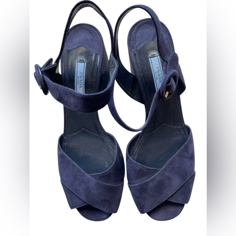 Prada Blue Suede Criss Cross Platform Sandal - Picture 4 of 10